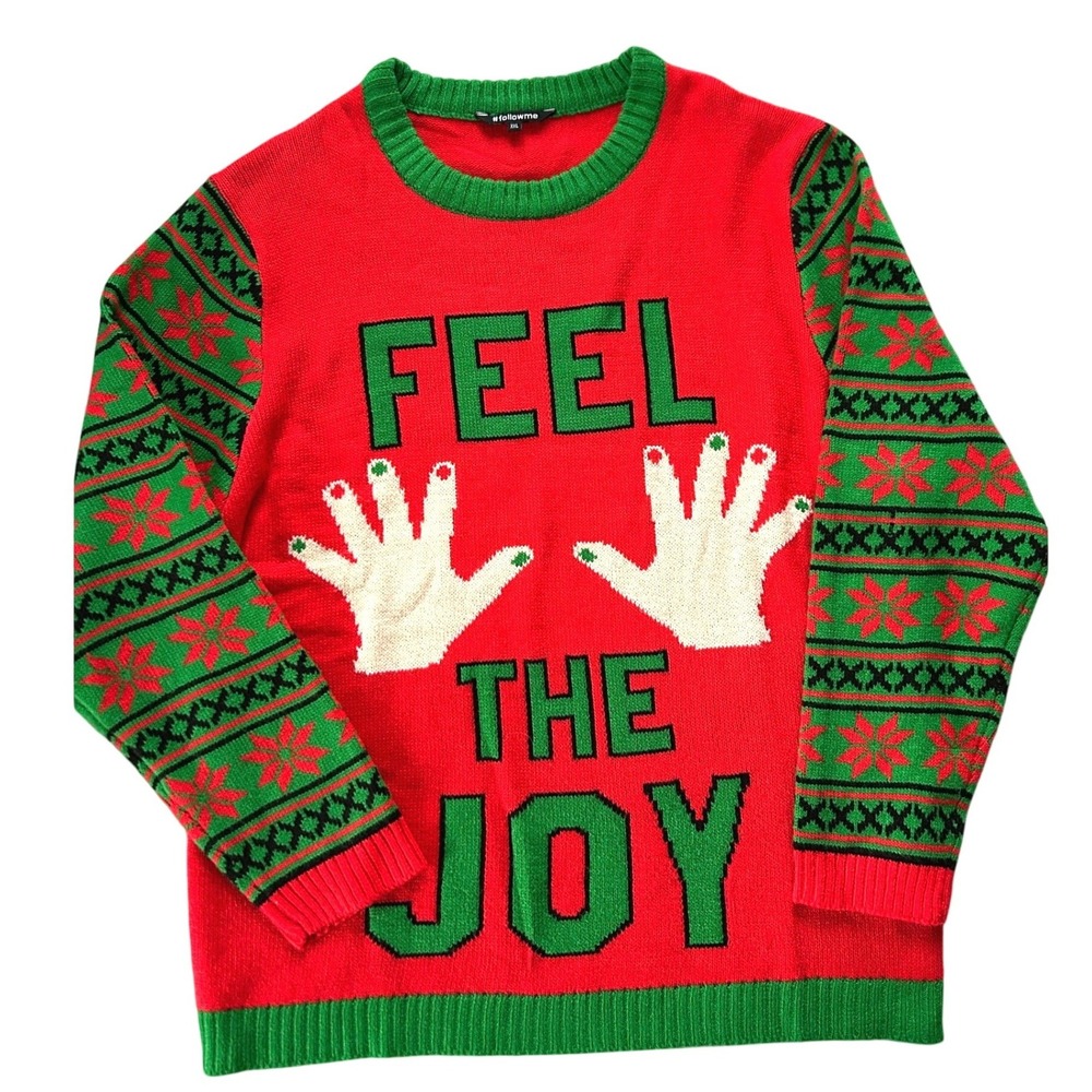 #followme Ugly Christmas Sweater Red Green Feel The Joy Fair Isle XXL